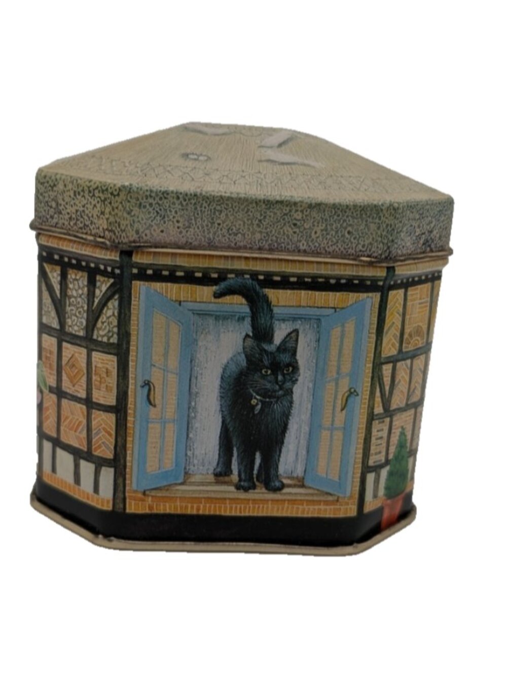 1990 HunkyDory Decorative Tin w/Lid Cats Window Design Lesley Ann-Ivory octagon